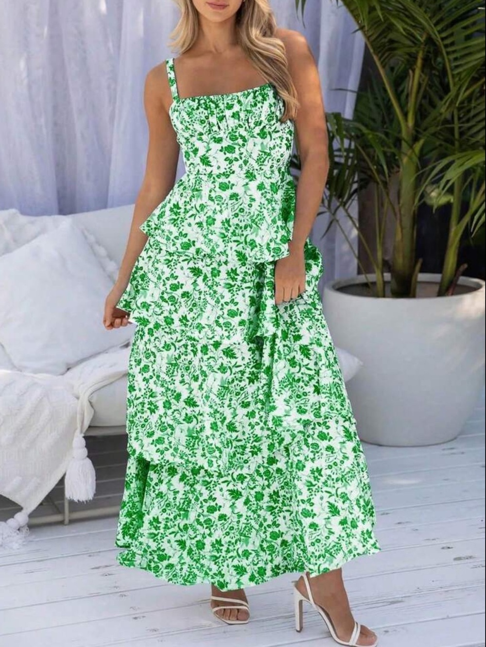 Green Floral Tiered Maxi Dress with Spaghetti Straps - Picture 2 of 5